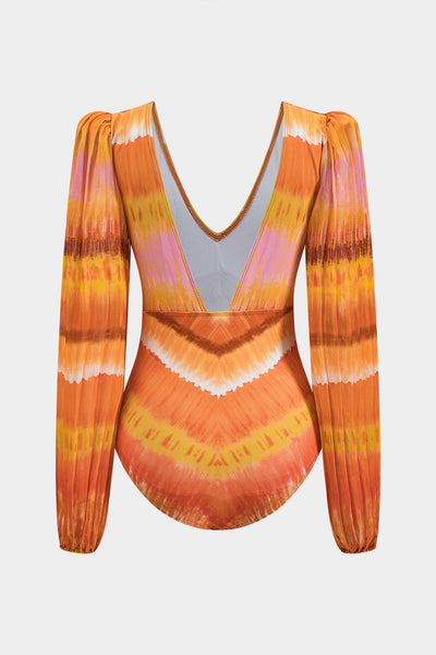 Bishop-Sleeve Plunge One-Piece Swimsuit