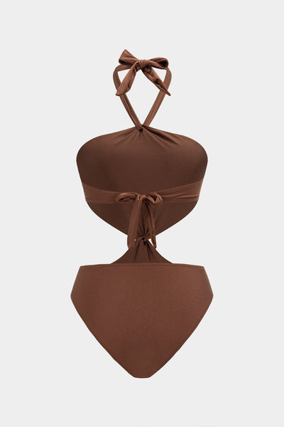Halter Neck Cut Out Backless Tie-Up One-Piece Swimsuit