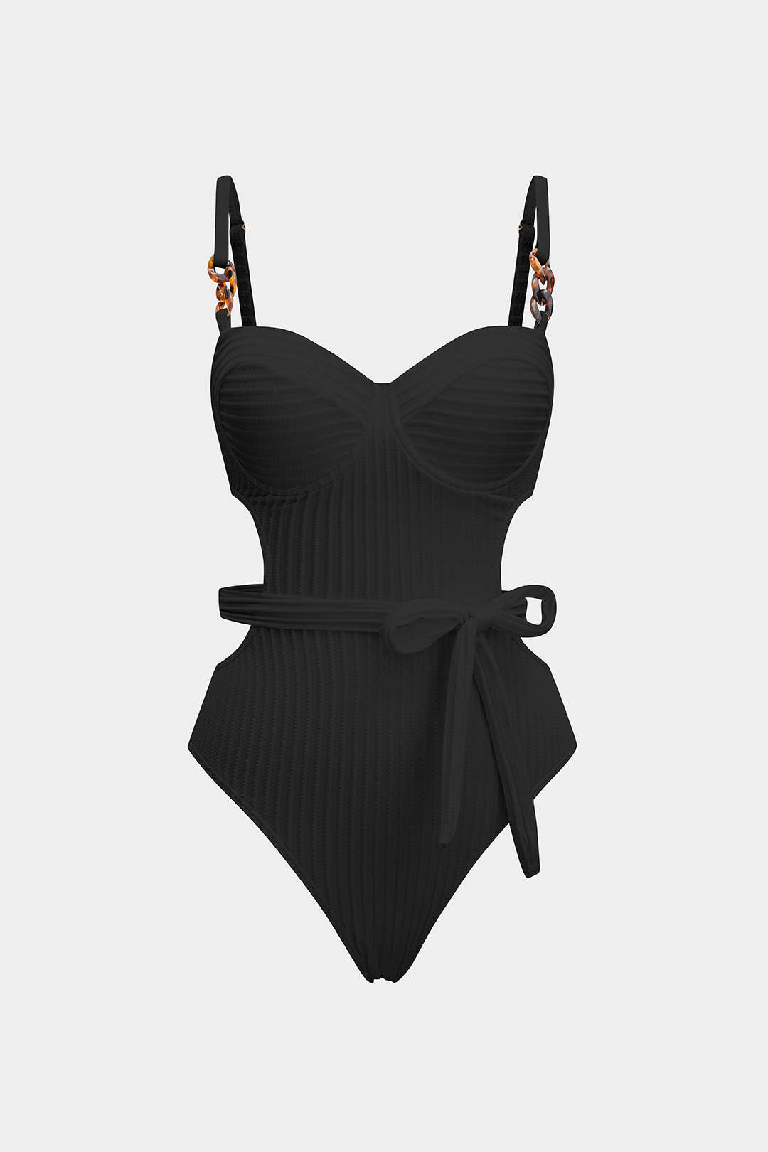 Noir Ribbed Belted One-Piece Swimsuit
