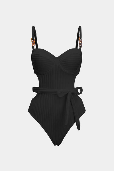 Noir Ribbed Belted One-Piece Swimsuit