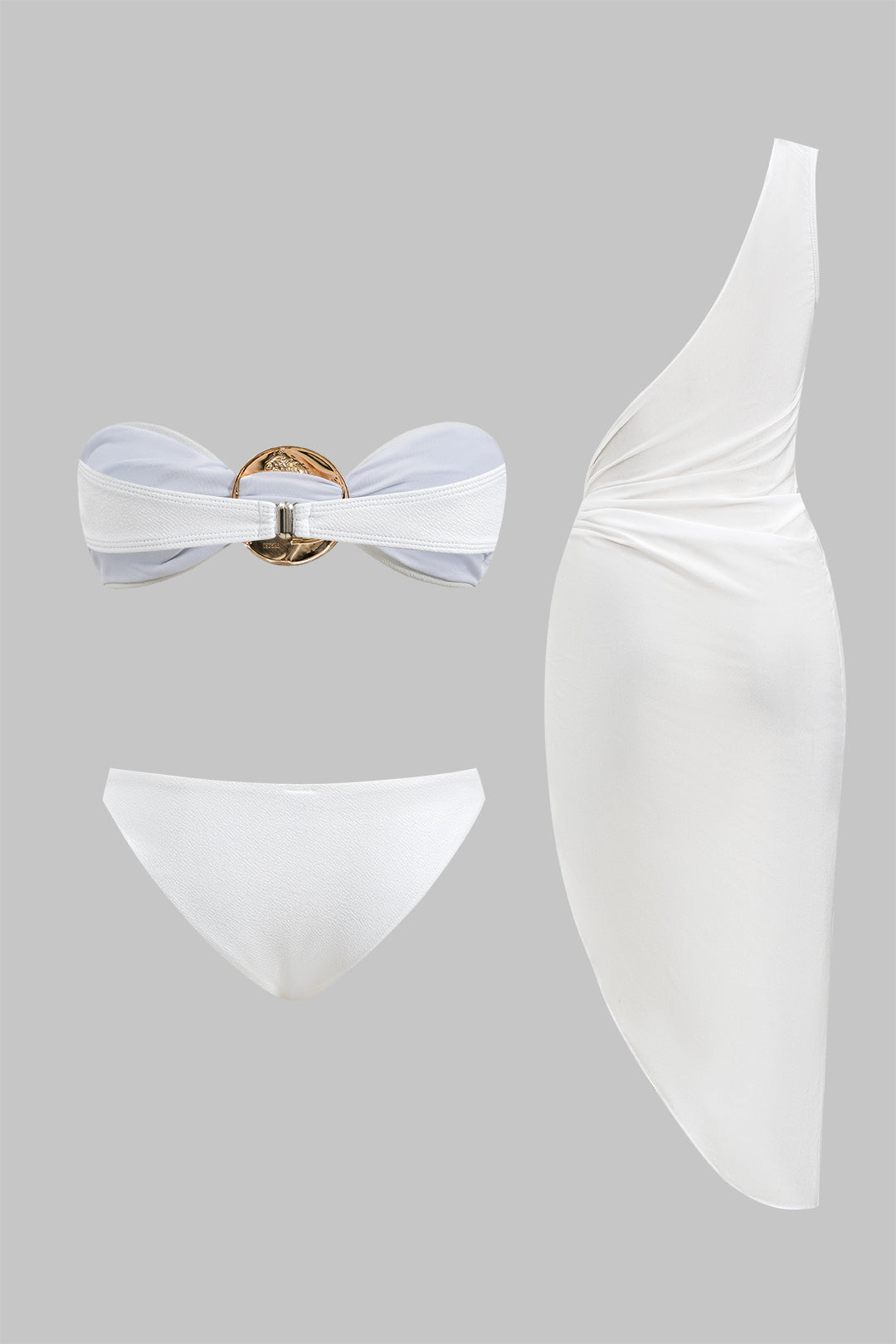 Metallic Ruched Backless Bikini And One Shoulder Cover Up Set