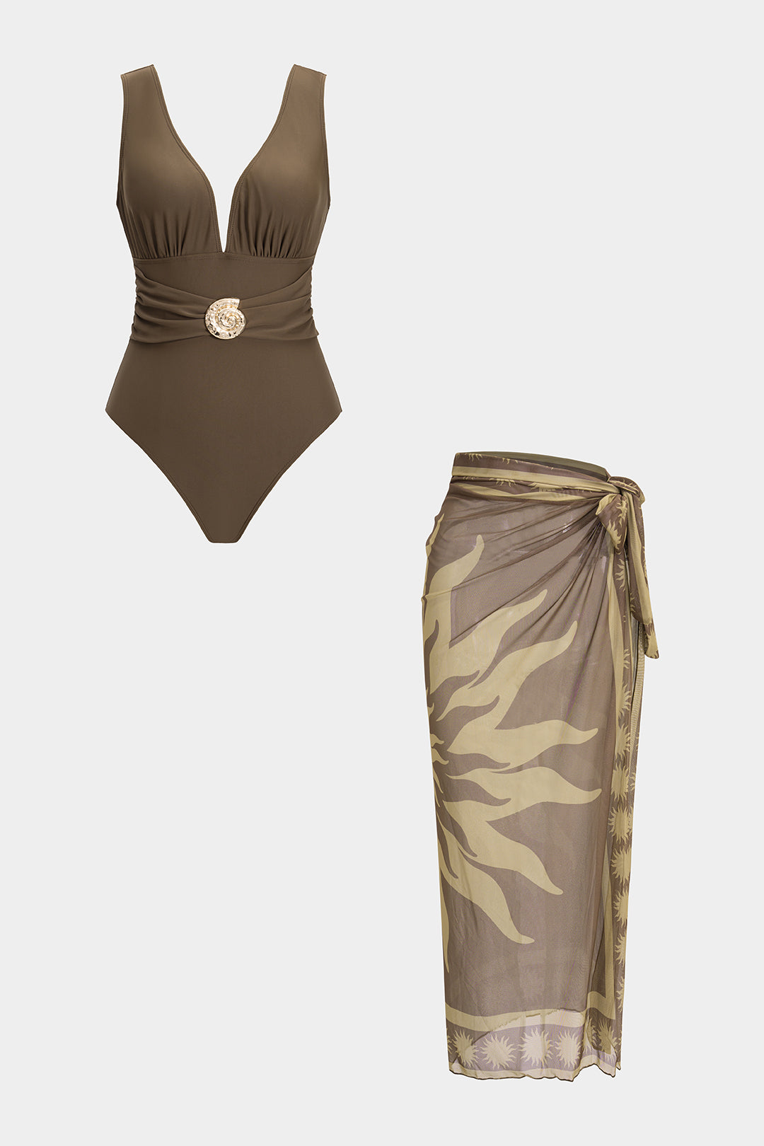 Metallic Decor V-neck Swimwear And Retro Print Knotted Cover Up Set