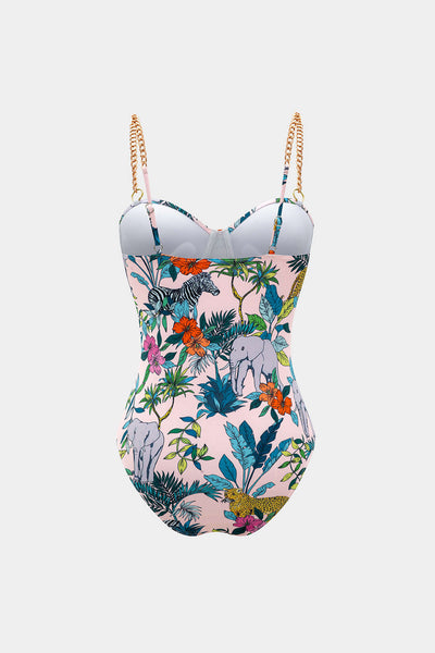 Floral Print Backless Chain One-Piece Swimsuit