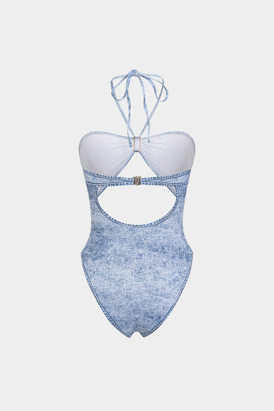 Cabochon Halter Cut-Out One-Piece Swimsuit