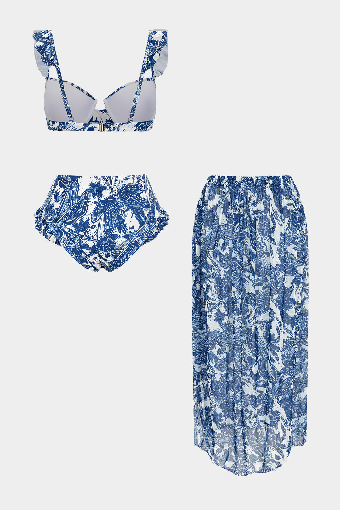 Ruffle-Shoulder High-Waist 3-Piece Bikini Set