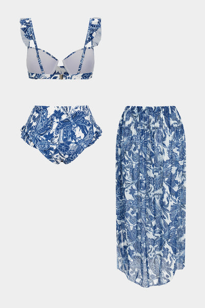 Ruffle-Shoulder High-Waist 3-Piece Bikini Set