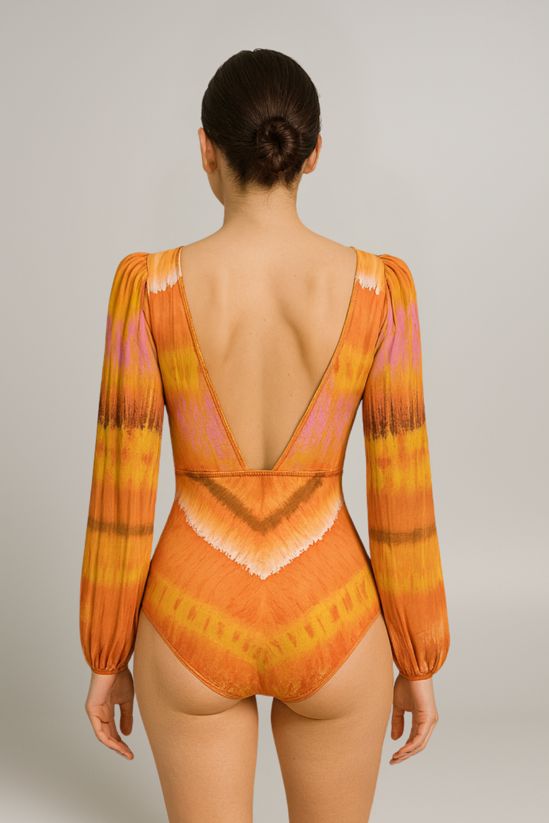 Bishop-Sleeve Plunge One-Piece Swimsuit