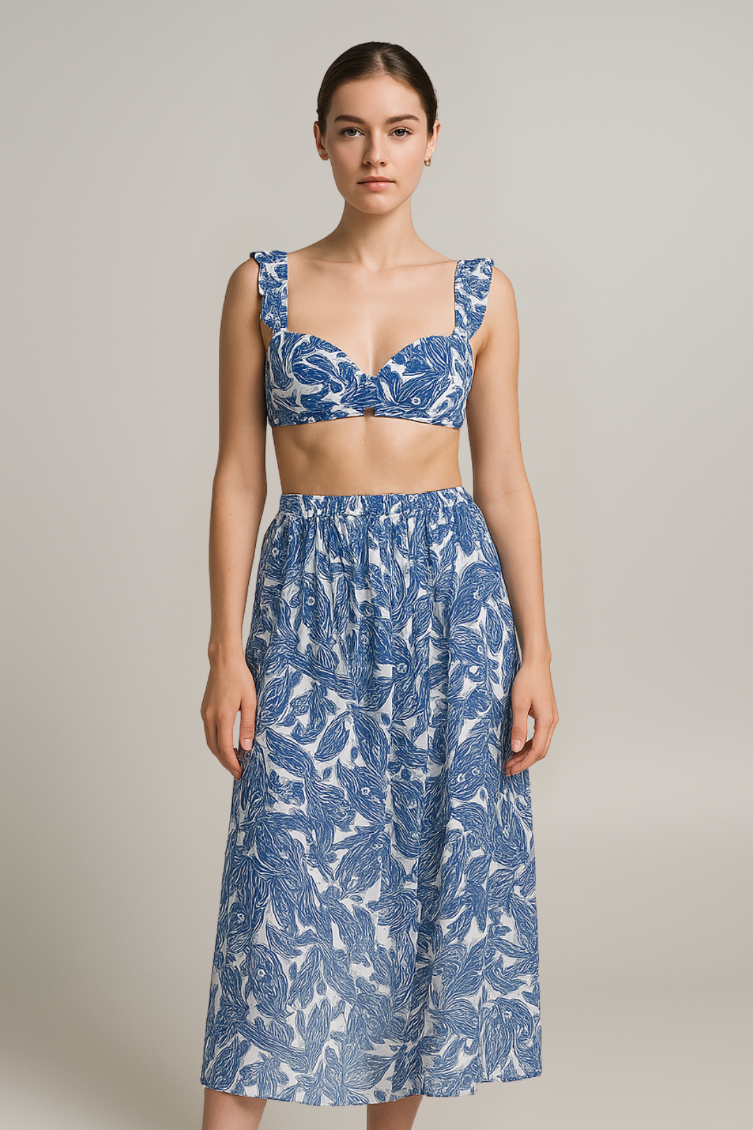 Ruffle-Shoulder High-Waist 3-Piece Bikini Set
