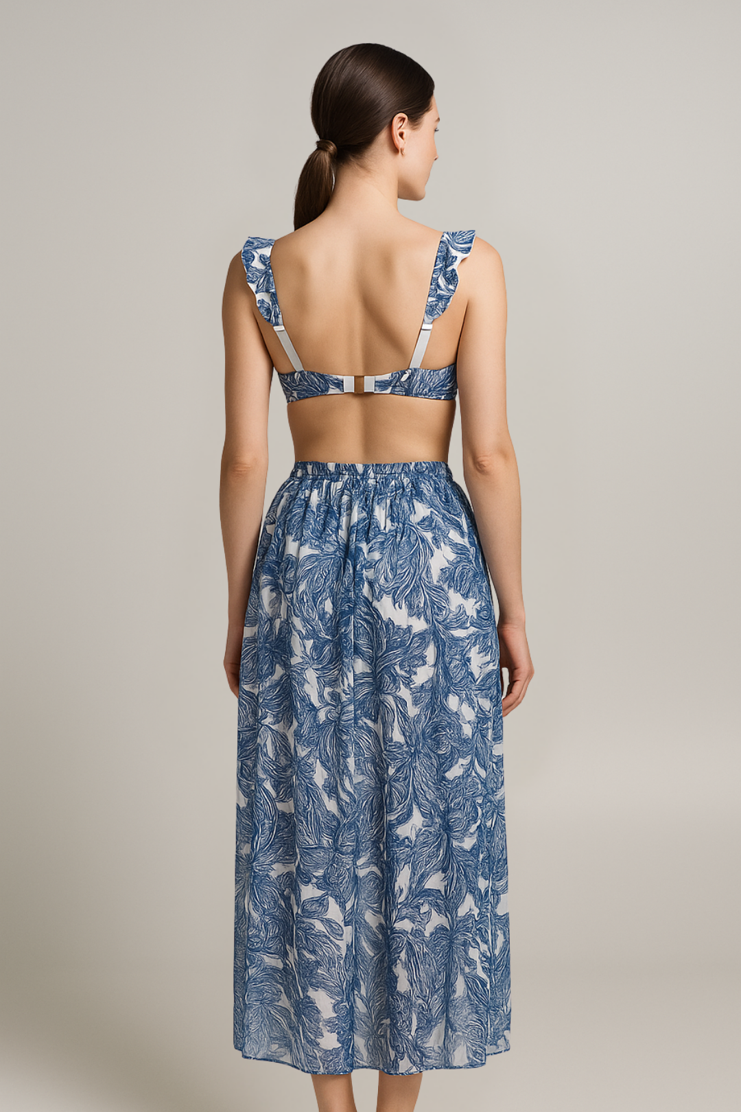 Ruffle-Shoulder High-Waist 3-Piece Bikini Set