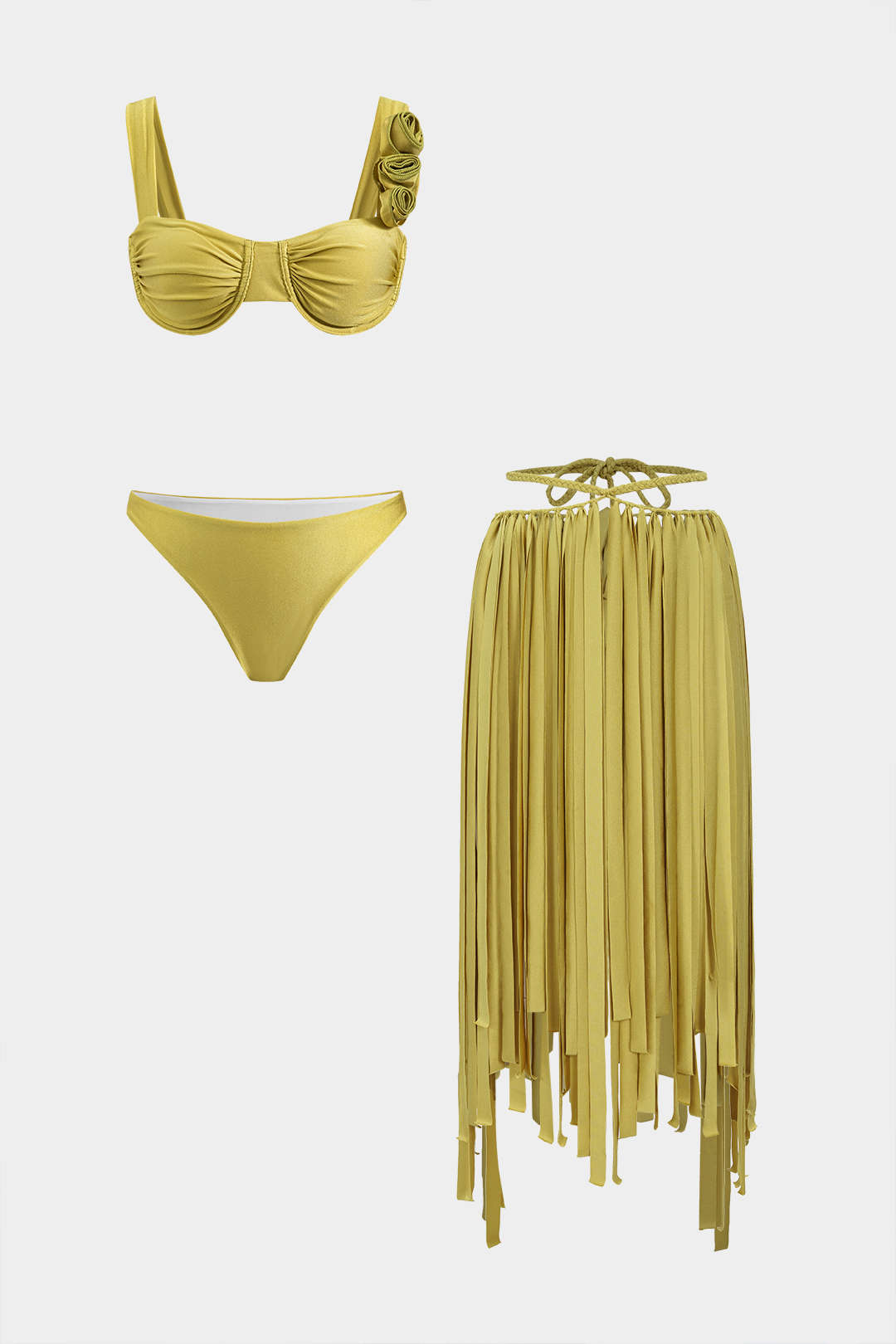 3D Flower Ruched Slip Bikini And Fringe Drawstrings Cover Up Three-Pieces Set