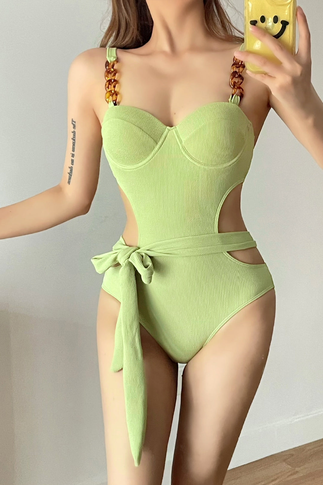 Sash-Belt Bustier Cutout One-Piece Swimsuit