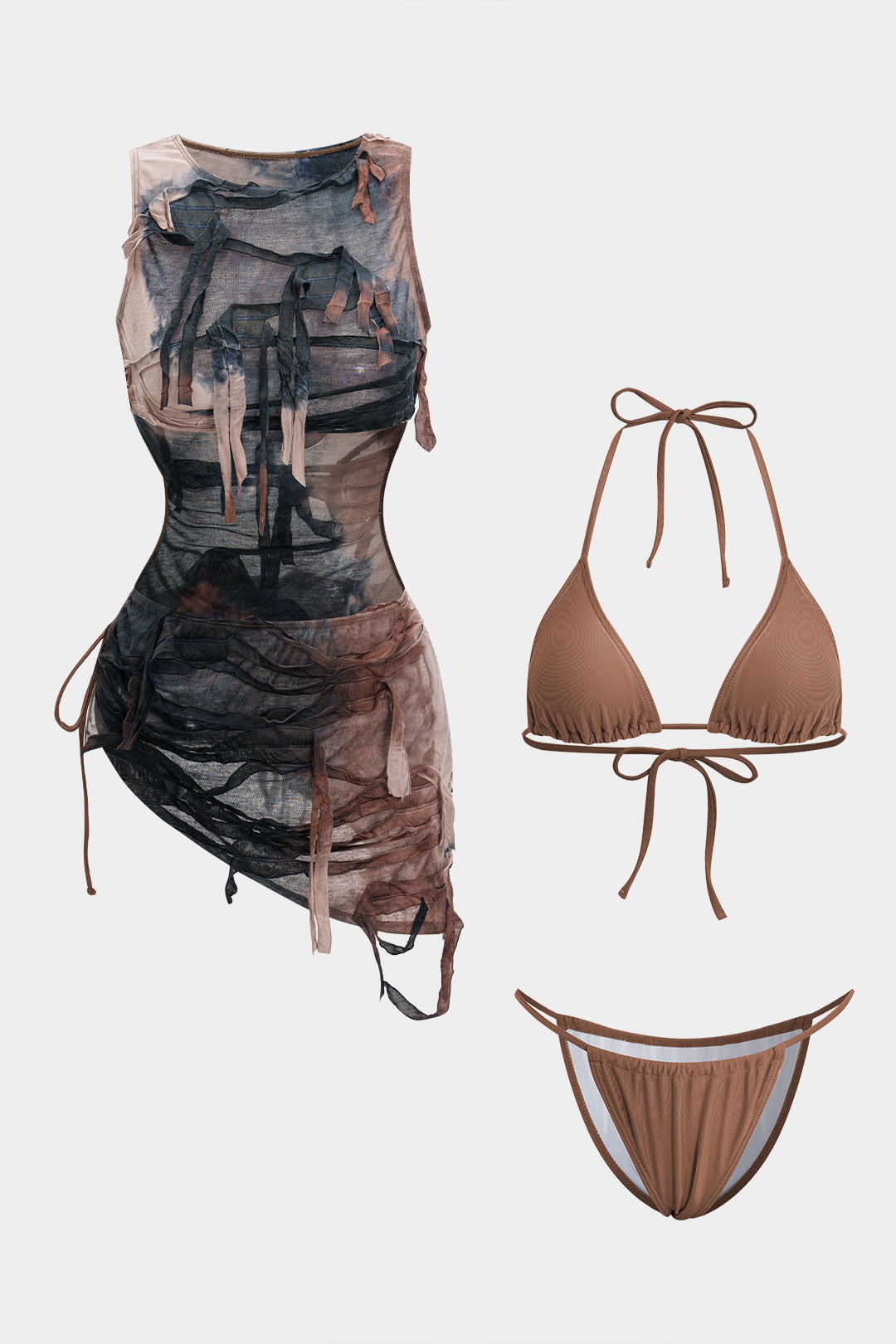 Halter Bikini And Tie Dye Cover Up Sarong 3-pcs Set