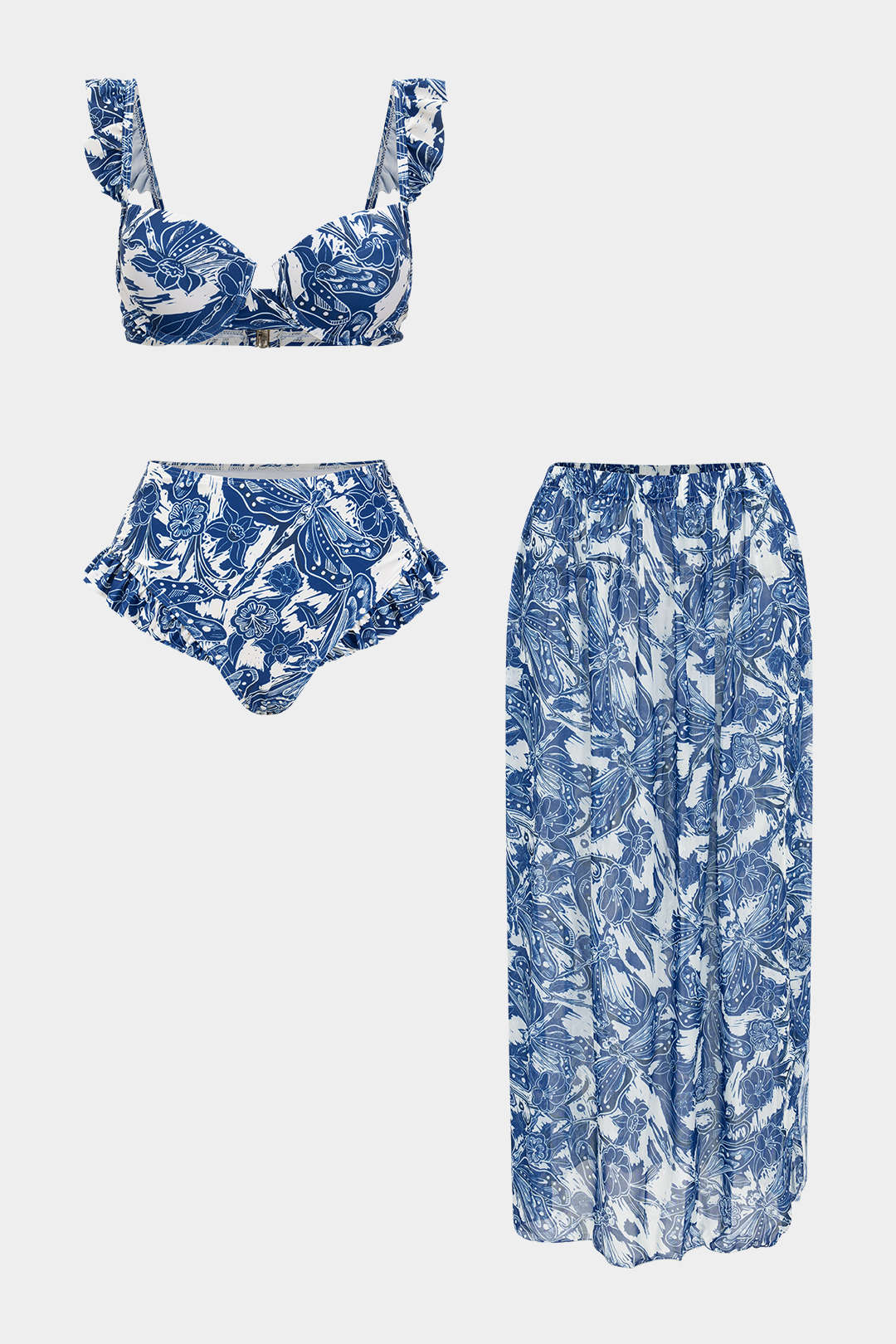 Ruffle-Shoulder High-Waist 3-Piece Bikini Set