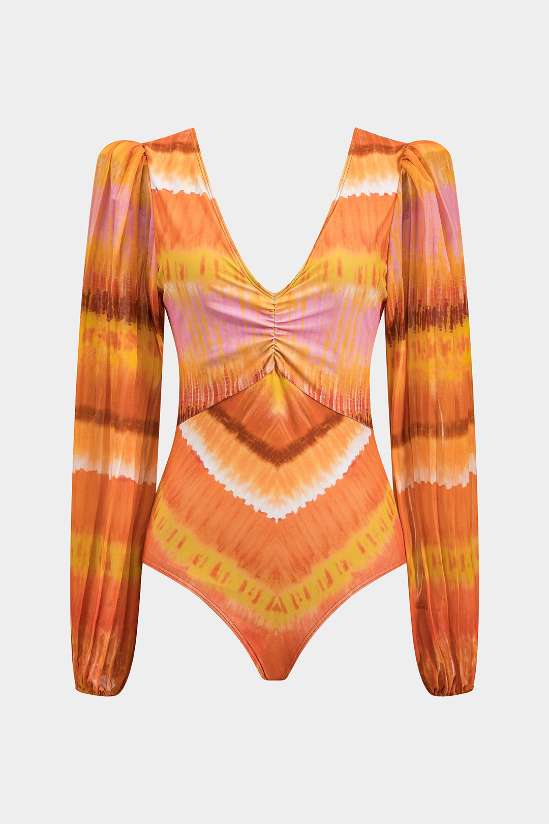 Bishop-Sleeve Plunge One-Piece Swimsuit
