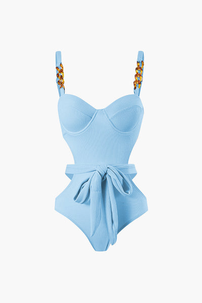 Sash-Belt Bustier Cutout One-Piece Swimsuit